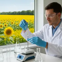 Chercheur en blouse blanche dans un laboratoire de recherche devant un champ de colza et de tournesols, symbolisant l’innovation en alimentation végét
