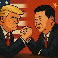Illustration de Donald Trump et Xi Jinping s’affrontant dans un bras de fer, symbolisant la rivalité commerciale entre les États-Unis et la Chine.