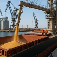 Image d'un chargement de blé sur un cargo dans un port maritime.