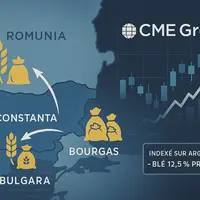 Carte de la mer noire avec des flèches qui représentent les échanges de blé en mer Noire avec un graphique des cours du blé et le logo du CME Group