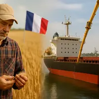 À gauche, un agriculteur français observe des épis de blé dans un champ où flotte le drapeau tricolore ; à droite, un cargo est en cours de chargement