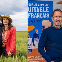 Montage photo montrant Bertrand et Eugénie Girardeau dans un champ de blé à gauche et un portrait de Ludovic Brindejonc à droite.