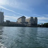 Silos Valfrance à Vaux le Pénil et quai de chargement de barges, vus du fleuve.