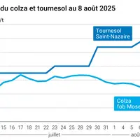 Graphique prix colza tournesol France du 8 août 2025