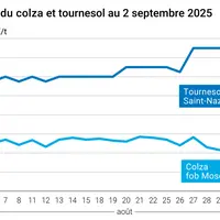 Graphique prix colza tournesol France du 2 septembre 2025
