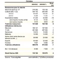 Tableau de chiffres concernant le bilan céréales bio françaises 2025-2026, au 1er février 2026.