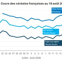 Graphique prix blé, orge et maïs France au 18 août 2026