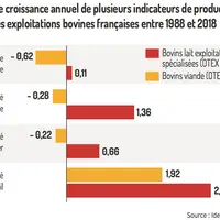 Taux de croissance annuel de plusieurs indicateurs de productivitédans les exploitations bovines françaises entre 1988 et 2018. © Source : Idele et In