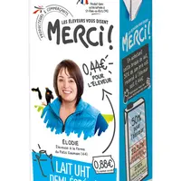 La brique de lait Merci! est depuis juillet à 0,92 €/l, avec un prix primes comprises garanti aux éleveurs de 480 €/1000 l pour un lait en non-OGM, av