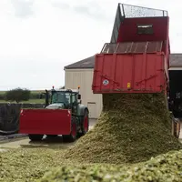 Benne déversant du maïs ensilé et tracteur tassant la fosse