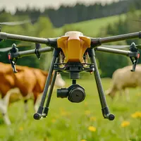 Close-up of a drone flying over a field with cows in the background, showcasing agricultural technology and modern farming techniques.