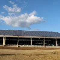 Panneaux photovoltaïques sur le toit de la stabulation des vaches laitières de la ferme expérimentale de Inrae Lusignan.