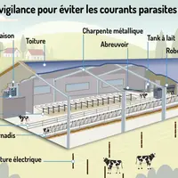 Infographie des points de vigilance pour éviter les courants parasites en élevage laitier.
