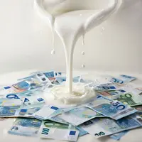 Lait coulant sur des billets en euros
