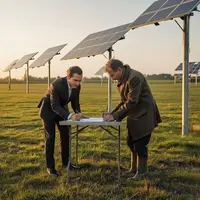 deux personnes en train de signer un contrat sur une prairie avec des panneaux photovotalïques