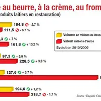 Excepté le lait, tous les produits laitiers profitent de ce léger redressement de la RHD. Les volumes sont non
négligeables au regard de ce qui est ve
