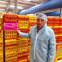 Nicolas Roland présente des oeufs de poules élevées au sol "mieux-être animal" dans l'entrepôt de la casserie.