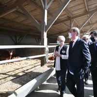 Jean Castex et Julien Denormandie, en visite le 5 mars au Gaec des Mazières à Saint-Eloi. © compte twitter de Jean Castex