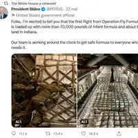 Tweet du président Biden annonçant l'arrivage de la première caragison de poudre de lait infantlie dans l'Indiana