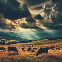Des vaches broutent sur une prairie  sous un ciel orageux.
