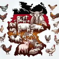 une carte de l’Allemagne, en filigrane des vaches, des porcs, des poulets, des dinde