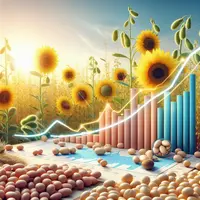 un graphique avec une courbe, sur fond de grains de colza, soja et tournesol