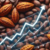 un graphique avec une courbe à la hausse, sur fond de féves de cacao