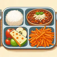 un plateau de cantine avec des carottes râpées, du chili con carne et du riz, un fromage, une pomme. style illustré