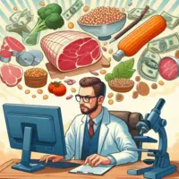 un chercheur de dos à son ordinateur. Autour de lui du jambon, de la viande, des lentilles, des pois chiches, des billets. Style illustré.