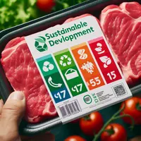 une barquette de viande, le zoom est fait sur l’étiquette un logo qui note le développement durable du 1 à 5, du vert au rouge