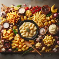 gnocchis, chips, frites, purée, pommes de terre sautées, recouvrent entièrement l'image