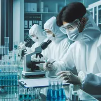 vue d'un laboratoire avec des scientifiques asiatiques équipés de protections qui étudient un nouveau virus
