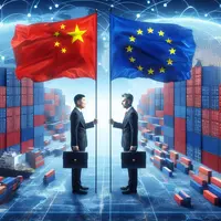 "An intense standoff between two business figures, one representing China (holding a red flag with a yellow star) and the other representing the Europ