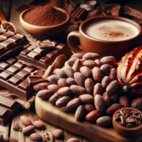 féves de cacao tavlettes de chocolat et tasse de chocolat chaud