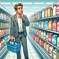 Au rayon produits laitiers emballés d'une supermarché, un homme fait ses courses. Il hésite, perplexe, entre plusieurs produits et en les étudiant, st