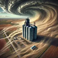 un silo à grain dans un paysage de sécheresse et de vent