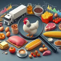 une image avec un poulet, un camion, un conteneur, un oeuf, une saucisse, un steak, du blé, du maïs, de l'huile, du beurre, des frites, des tomates, d