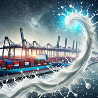 sur fond de ports de commerce avec porte conteneur, une fléche qui monte dessinée en éclaboussures de lait