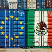 une image avec deux conteneurs : un aux couleurs du drapeau européen, l'autre aux couleurs du drapeau mexicain