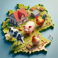 sur un fond de carte de l'Allemagne, un cochon, une vache, un poulet