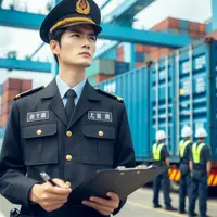 un agent des douanes chinoises devant un conteneur dans un port