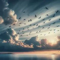 vol d'oiseau migrateur au loin dans un ciel légèrement nuageaux au dessus de la mer style photographique