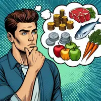 un jeune homme qui réfléchit, une bulle de bd dans sa tête avec dedans des pièces, de la viande, des pommes, des carottes, du poisson, style bd