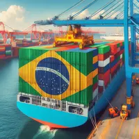 chargement d'un conteneur aux couleurs du drapeau brésil sur un bateau porte conteneur dans un port brésilien