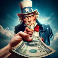 oncle sam reçoit des dollars, vue en contre plongée