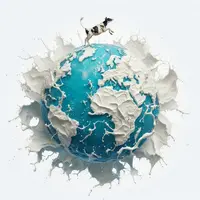 des éclaboussures de lait sur les continents, une vache sur la terre