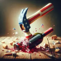 un marteau aux couleurs du drapeau américain casse une bouteille de vin rouge