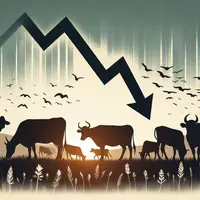 Des silhouettes de vaches qui paturent dans une prairie, style illustré. Au premier plan, une fléche qui illustre une décroissance