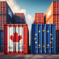 Deux conteneurs aux couleurs des drapeaux UE et canadiens