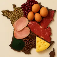 La silhouette de la France, remplie de lentilles, haricots rouge, oeufs, jambon, viande, fromage, insectes, spiruline style photo culinaire